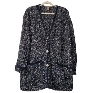 Boss By Hugo Boss Jienna Cotton Blend Bouclé Cardigan Sz 6 Navy Blue Button Fron